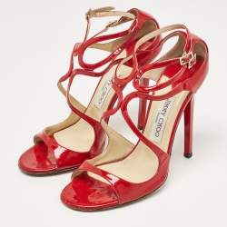 Pre Owned Jimmy Choo Red Patent Ivette Ankle Strap Sandals Size 39