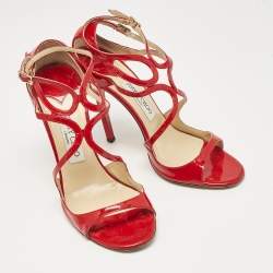 Pre Owned Jimmy Choo Red Patent Ivette Ankle Strap Sandals Size 39
