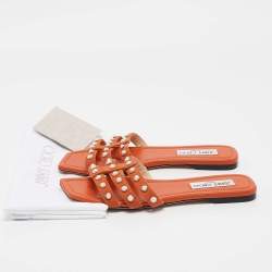 Jimmy Choo Orange Suede Pearl Embellished Hazal Flat Sandals Size 37
