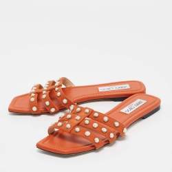 Jimmy Choo Orange Suede Pearl Embellished Hazal Flat Sandals Size 37