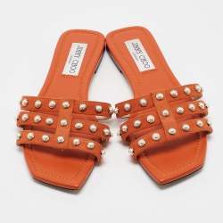 Jimmy Choo Orange Suede Pearl Embellished Hazal Flat Sandals Size 37