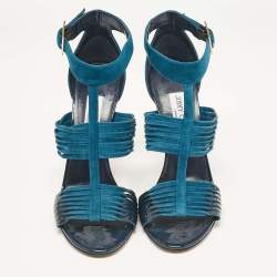 Jimmy Choo Blue Patent Leather and Suede Ankle Strap Sandals Size 41