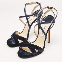 Jimmy Choo Navy Blue Satin and Velvet Lola Ankle Strap Sandals Size 40