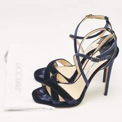 Jimmy Choo Navy Blue Satin and Velvet Lola Ankle Strap Sandals Size 40