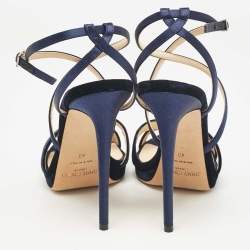 Jimmy Choo Navy Blue Satin and Velvet Lola Ankle Strap Sandals Size 40
