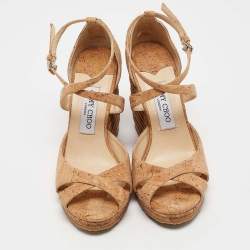 Pre Owned Jimmy Choo Brown Cork Alanah 105 Cork Platform Wedge Sandals Size 38.5