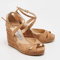 Pre Owned Jimmy Choo Brown Cork Alanah 105 Cork Platform Wedge Sandals Size 38.5