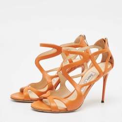 Pre Owned Jimmy Choo Orange Leather Ankle Strap Sandals Size 37