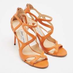Pre Owned Jimmy Choo Orange Leather Ankle Strap Sandals Size 37