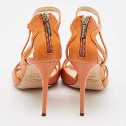 Pre Owned Jimmy Choo Orange Leather Ankle Strap Sandals Size 37