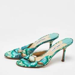 Pre Owned Jimmy Choo Blue/Green Satin Malachite Jewel Slide Sandals Size 41