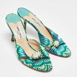 Pre Owned Jimmy Choo Blue/Green Satin Malachite Jewel Slide Sandals Size 41