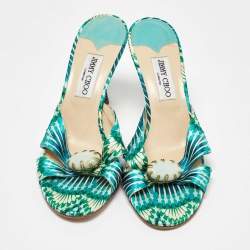 Pre Owned Jimmy Choo Blue/Green Satin Malachite Jewel Slide Sandals Size 41