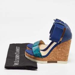 Jimmy Choo Blue Python and Leather Neston Cork Platform Wedge Sandals Size 38