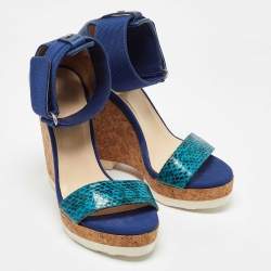 Jimmy Choo Blue Python and Leather Neston Cork Platform Wedge Sandals Size 38