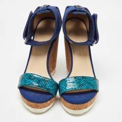 Jimmy Choo Blue Python and Leather Neston Cork Platform Wedge Sandals Size 38