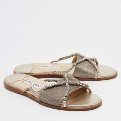 Pre Owned Jimmy Choo Metallic Glitter Crystal Embellished Aadi Slides Size 41