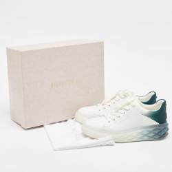 Pre Owned Jimmy Choo White/Green Leather and Fabric Diamond Sneakers Size 39.5
