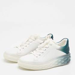 Pre Owned Jimmy Choo White/Green Leather and Fabric Diamond Sneakers Size 39.5