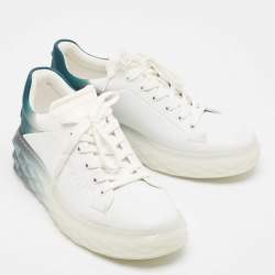 Pre Owned Jimmy Choo White/Green Leather and Fabric Diamond Sneakers Size 39.5