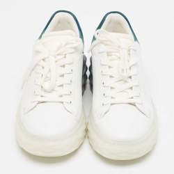 Pre Owned Jimmy Choo White/Green Leather and Fabric Diamond Sneakers Size 39.5