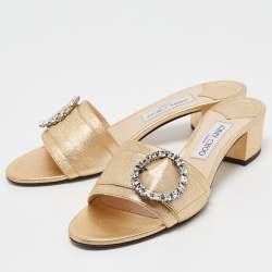 مملوكة مسبقًا Jimmy Choo Gold Leather Crystal Embellished Minea Slide Sandals Size 40.5