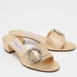 مملوكة مسبقًا Jimmy Choo Gold Leather Crystal Embellished Minea Slide Sandals Size 40.5