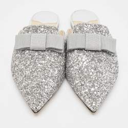 Jimmy Choo Silver Glitter Bow Flat Mules Size 38.5