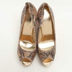 Pre Owned Jimmy Choo Beige/Brown Python Embossed Leather Papina Wedge Pumps Size 37.5