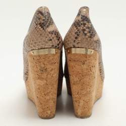 Pre Owned Jimmy Choo Beige/Brown Python Embossed Leather Papina Wedge Pumps Size 37.5