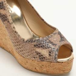 Pre Owned Jimmy Choo Beige/Brown Python Embossed Leather Papina Wedge Pumps Size 37.5