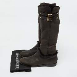 Jimmy Choo Dark Brown Leather and Fur High Snow Boots Size 40