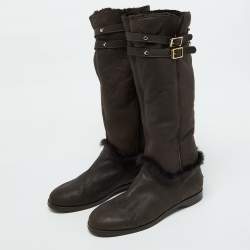 Jimmy Choo Dark Brown Leather and Fur High Snow Boots Size 40