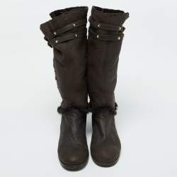 Jimmy Choo Dark Brown Leather and Fur High Snow Boots Size 40