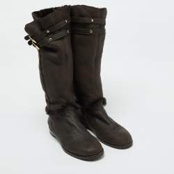 Jimmy Choo Dark Brown Leather and Fur High Snow Boots Size 40