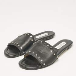 Jimmy Choo Black Leather Studded Nanda Flat Slides Size 37