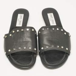 Jimmy Choo Black Leather Studded Nanda Flat Slides Size 37