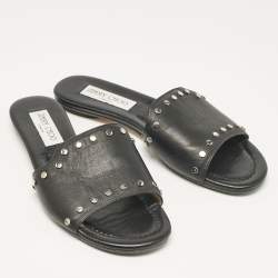 Jimmy Choo Black Leather Studded Nanda Flat Slides Size 37