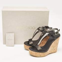Jimmy Choo Black Leather Native Cork Wedge Sandals Size 35.5