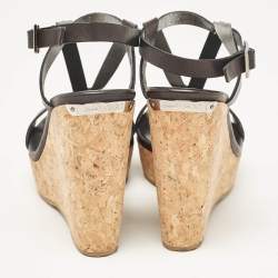 Jimmy Choo Black Leather Native Cork Wedge Sandals Size 35.5