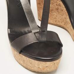 Jimmy Choo Black Leather Native Cork Wedge Sandals Size 35.5