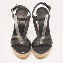 Jimmy Choo Black Leather Native Cork Wedge Sandals Size 35.5