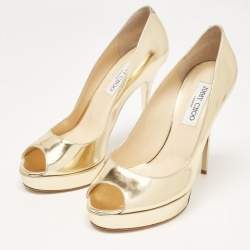 Pre Owned Jimmy Choo Gold Leather Crown Platform Pumps Size 40