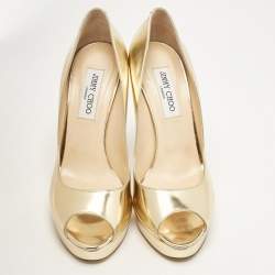 Pre Owned Jimmy Choo Gold Leather Crown Platform Pumps Size 40