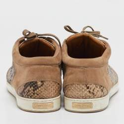 Jimmy Choo Beige Python Embossed Leather and Suede Miami Lace Up Sneakers Size 40