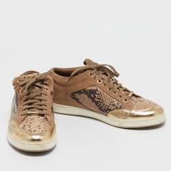 Jimmy Choo Beige Python Embossed Leather and Suede Miami Lace Up Sneakers Size 40