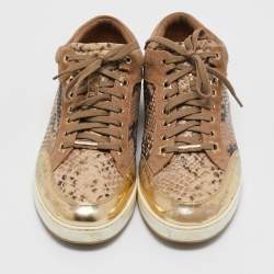 Jimmy Choo Beige Python Embossed Leather and Suede Miami Lace Up Sneakers Size 40
