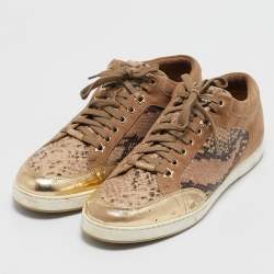 Jimmy Choo Beige Python Embossed Leather and Suede Miami Lace Up Sneakers Size 40