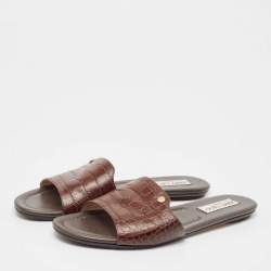 Pre Owned Jimmy Choo Brown Croc Embossed Leather Nanda Flat Sandals Size 39.5