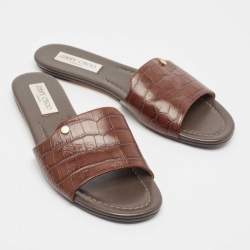 Pre Owned Jimmy Choo Brown Croc Embossed Leather Nanda Flat Sandals Size 39.5